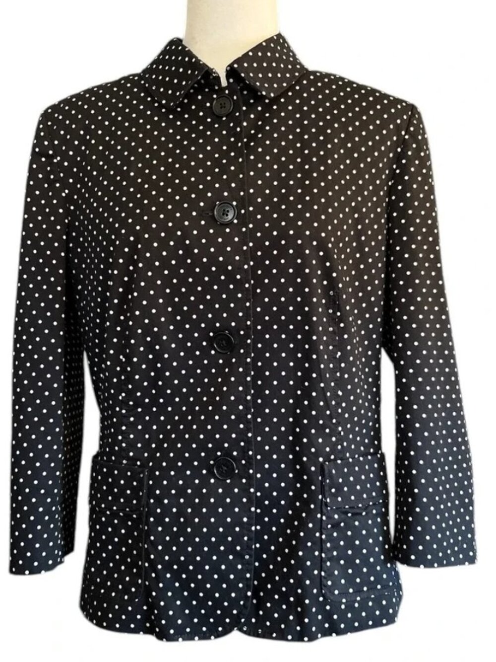 Talbots Polka Dot Button Up Blazer Jacket Black White Womens 4